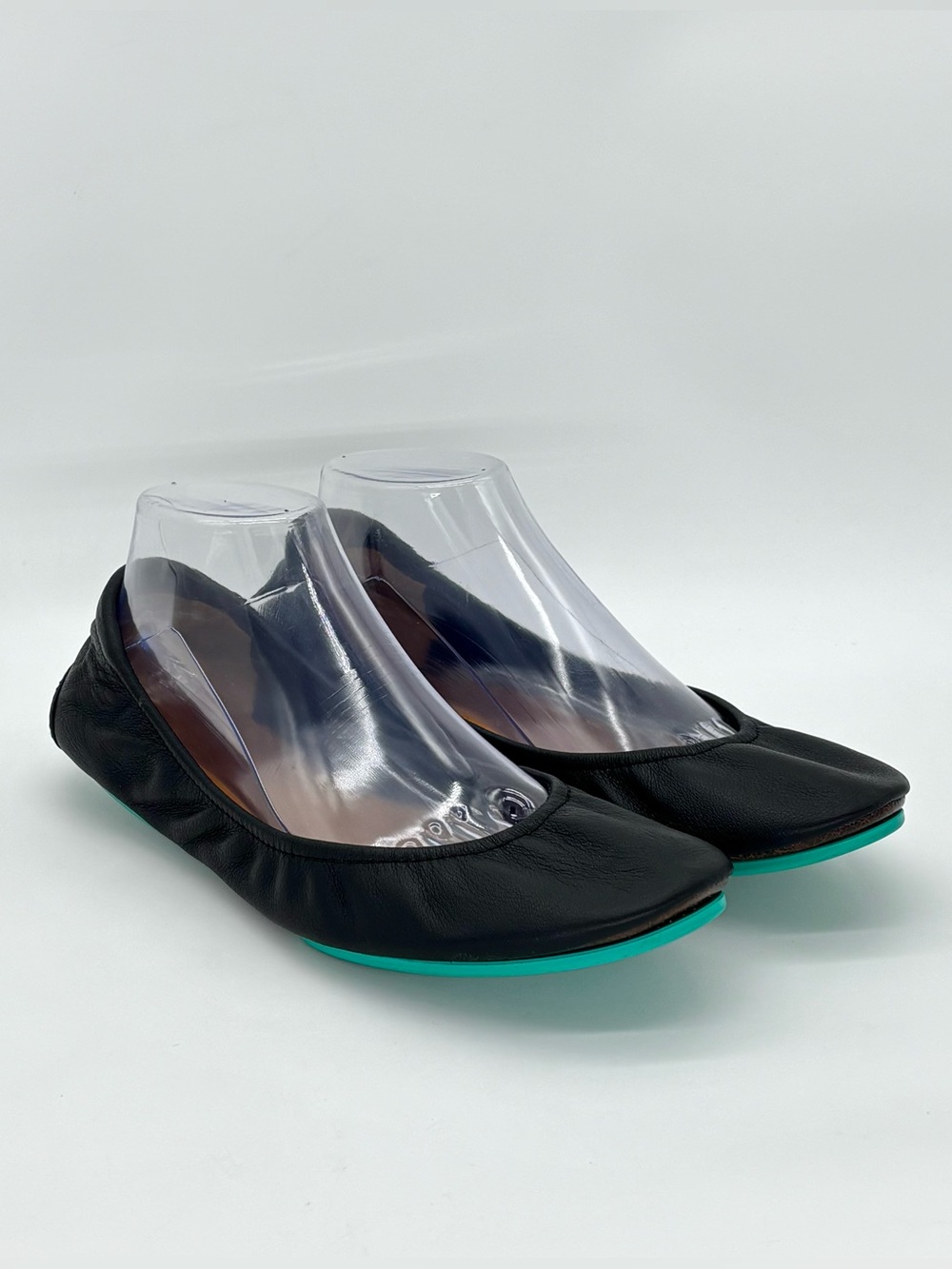 Tieks Black Leather Ballet Flats Turquoise Sole Foldable Travel Shoes Womens 10